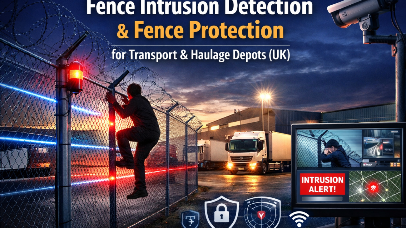 Fence intrusion detection and fence protection system at a UK transport and haulage depot showing perimeter security sensors, CCTV monitoring, and intruder detection at the fence line by Sysco Tech