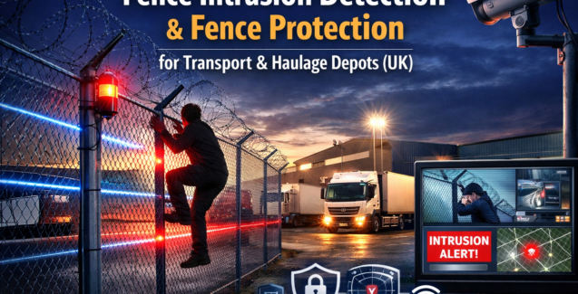 Fence intrusion detection and fence protection system at a UK transport and haulage depot showing perimeter security sensors, CCTV monitoring, and intruder detection at the fence line by Sysco Tech