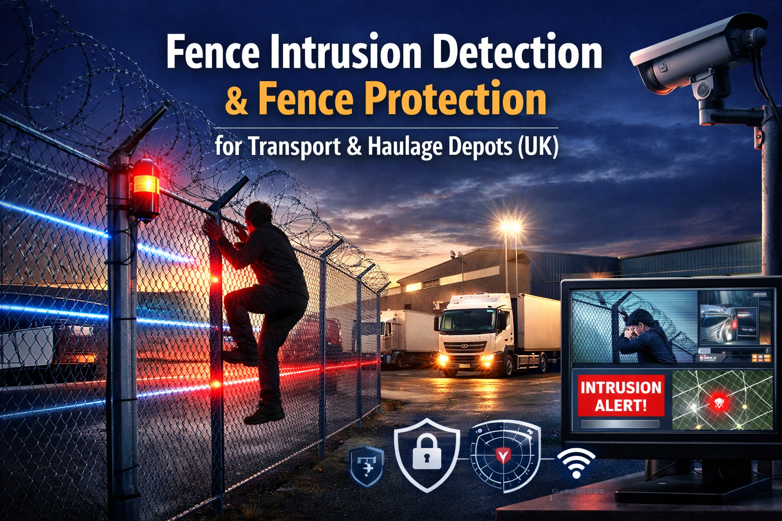Fence intrusion detection and fence protection system at a UK transport and haulage depot showing perimeter security sensors, CCTV monitoring, and intruder detection at the fence line by Sysco Tech