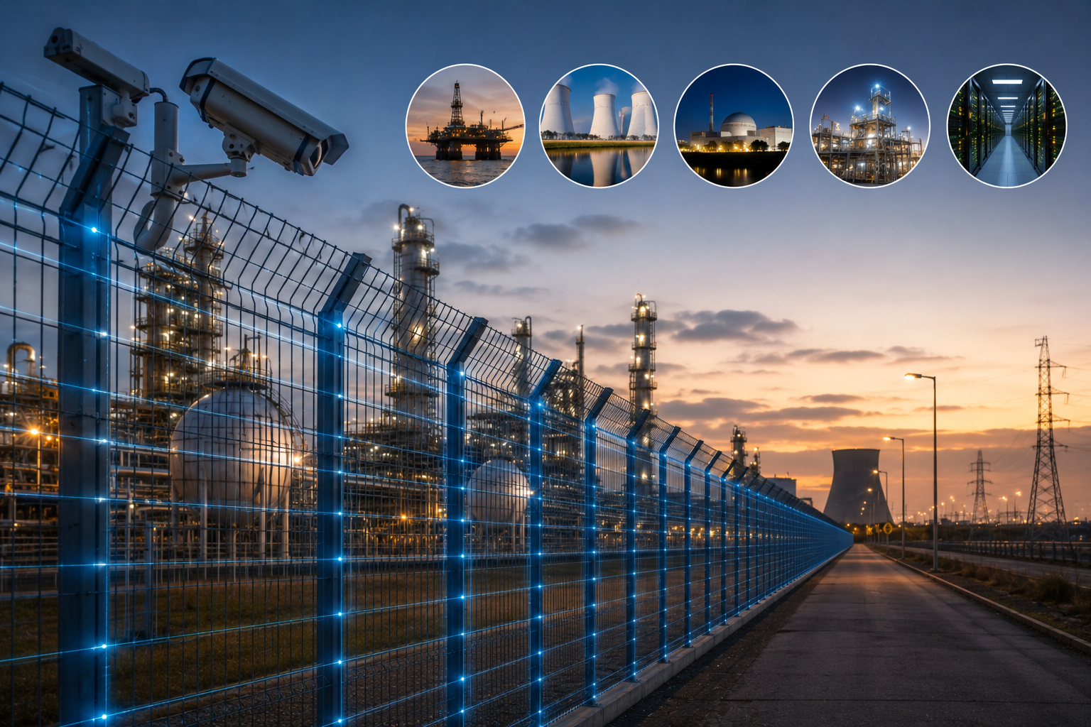 Advanced industrial perimeter security system protecting oil, gas, nuclear, chemical, utility, and data centre infrastructure with intelligent intrusion detection technology.