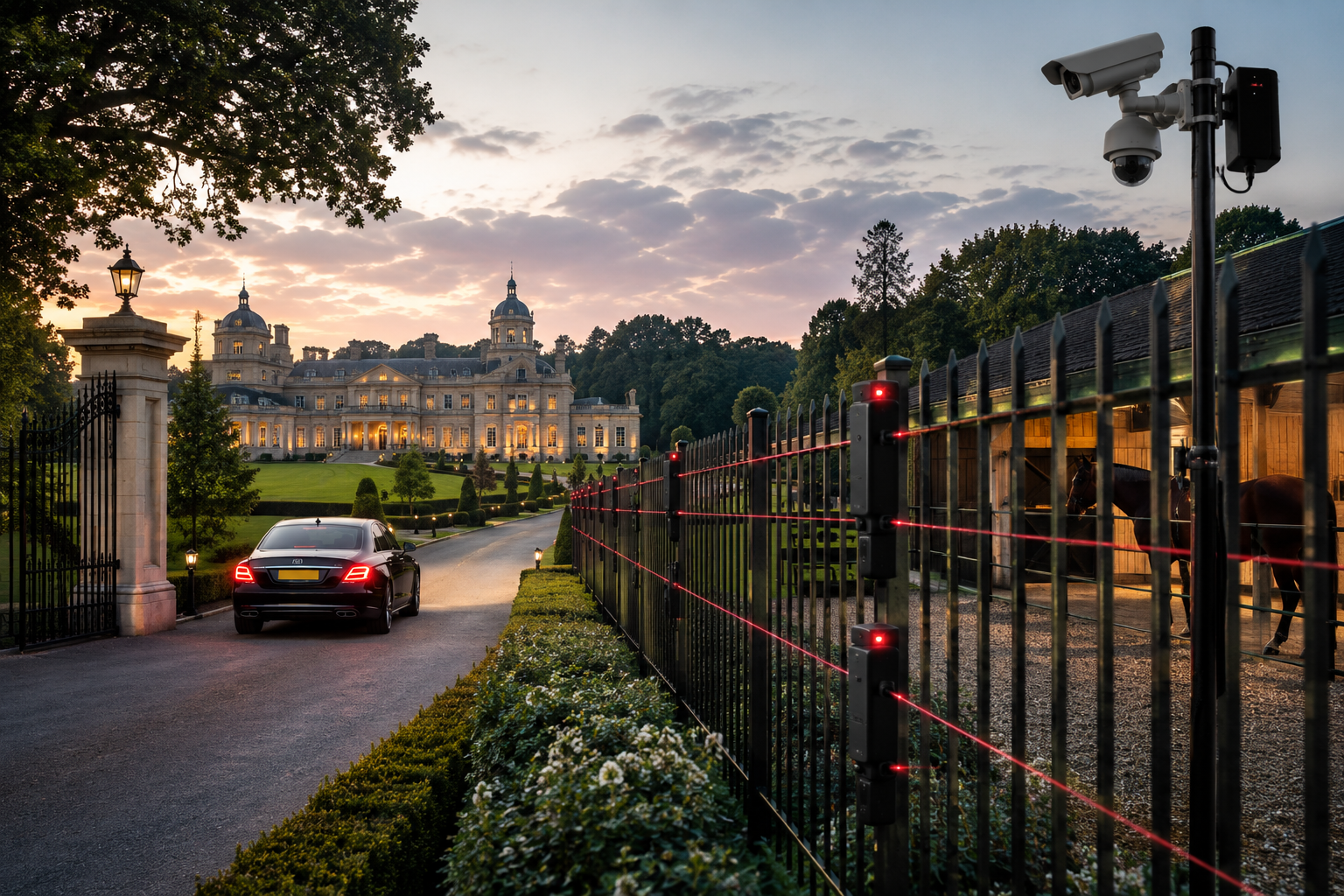 Perimeter intrusion detection system protecting a luxury country estate, private stables, and VIP residence with advanced fence security technology