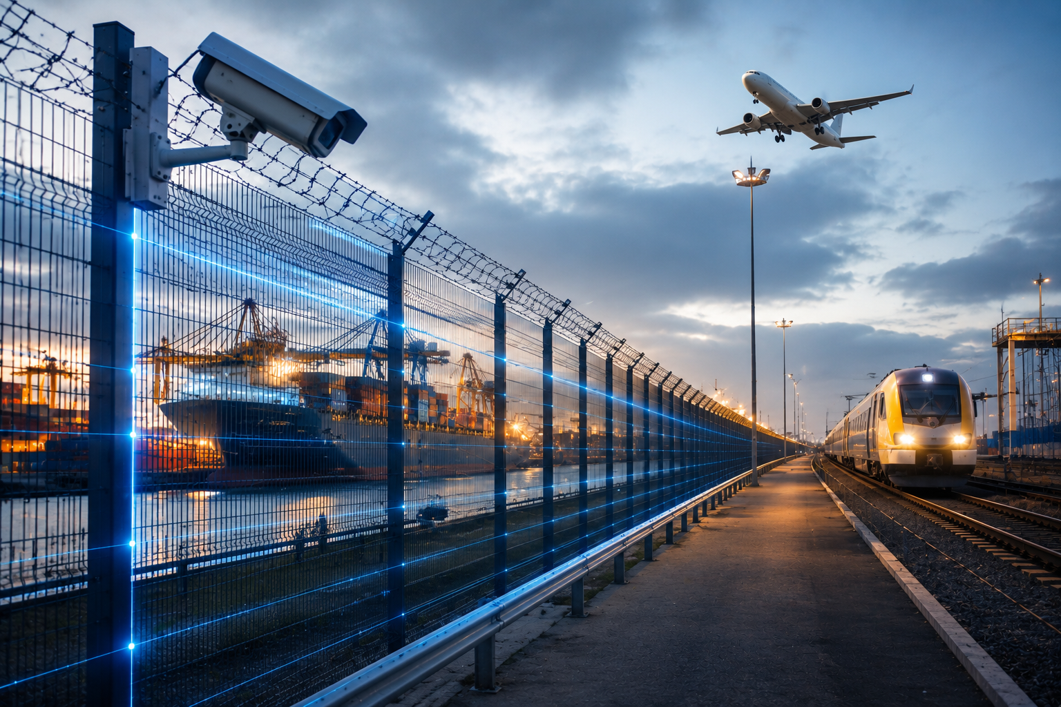 Advanced perimeter security system protecting a transport infrastructure site with airport, rail depot, and port facilities secured by intelligent detection technology.