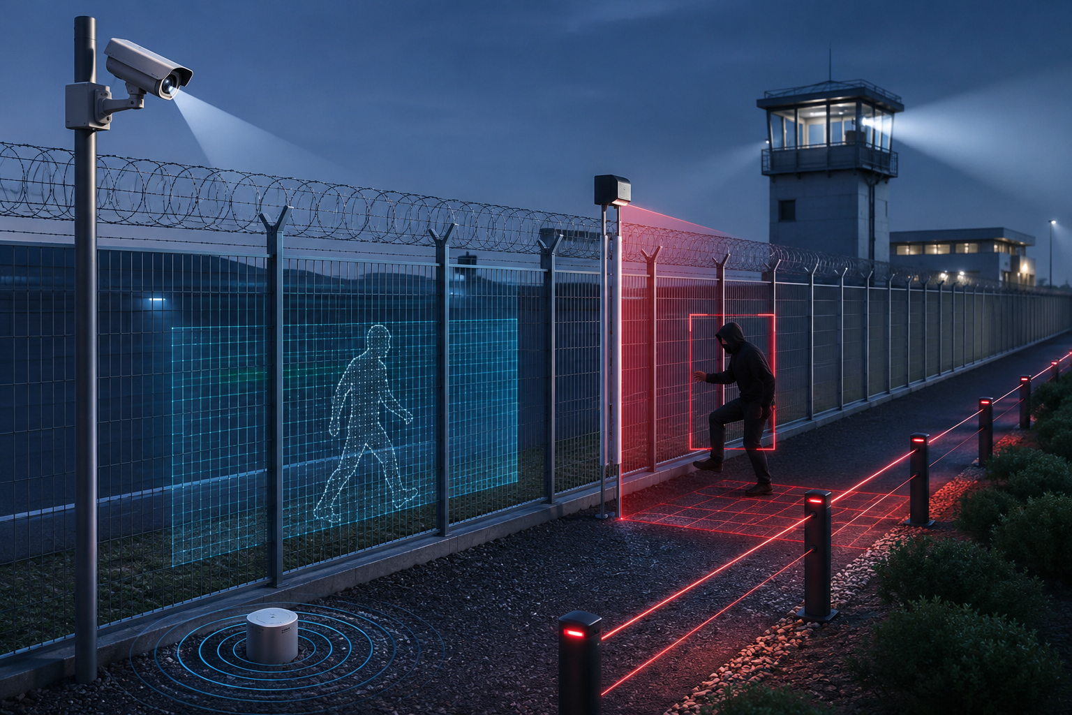 Perimeter Intrusion Detection System (PIDS) securing a high-security facility with cameras, laser sensors and fence intrusion monitoring by Sysco Technical Solutions.