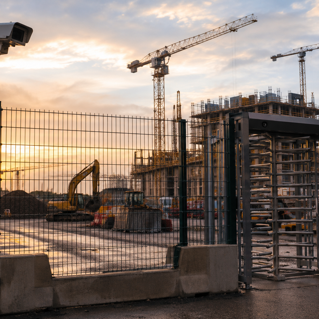 Modern construction site protected by perimeter security fencing, CCTV surveillance cameras, access control gates, and intrusion detection systems in the UK.