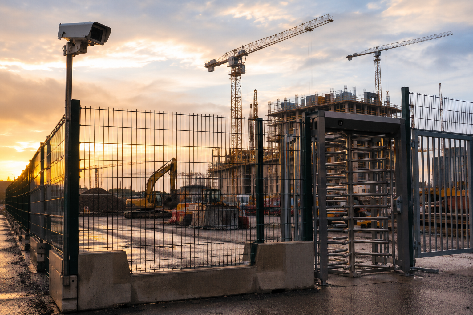 Modern construction site protected by perimeter security fencing, CCTV surveillance cameras, access control gates, and intrusion detection systems in the UK.