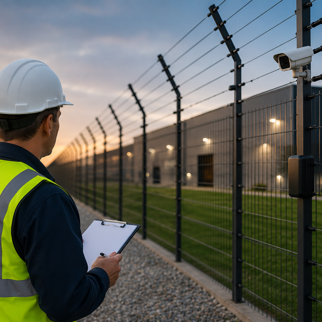 Facilities manager discussing perimeter intrusion detection system installation with a security installer on site