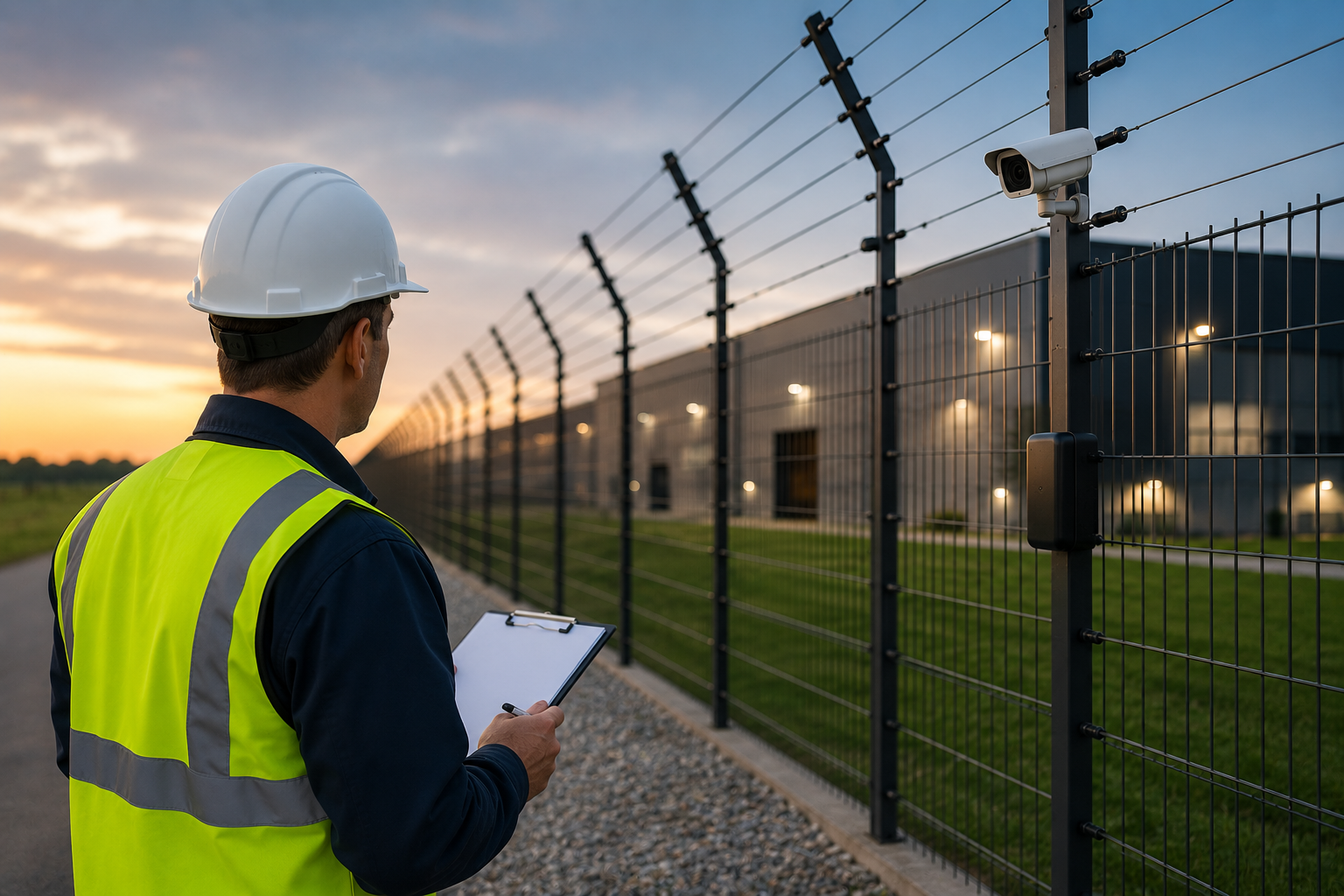 Facilities manager discussing perimeter intrusion detection system installation with a security installer on site