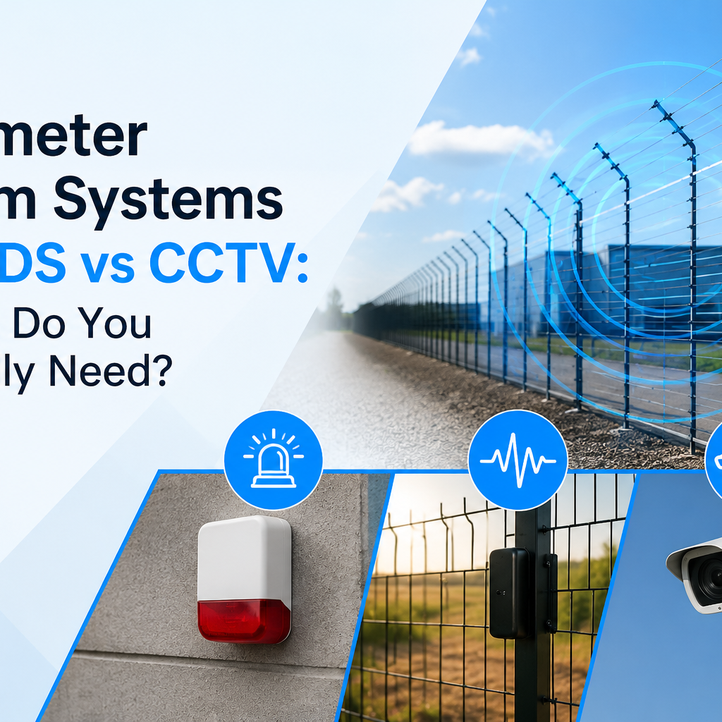Perimeter alarm systems vs PIDS vs CCTV comparison showing fence intrusion detection, alarm system, and CCTV camera for high-security sites.