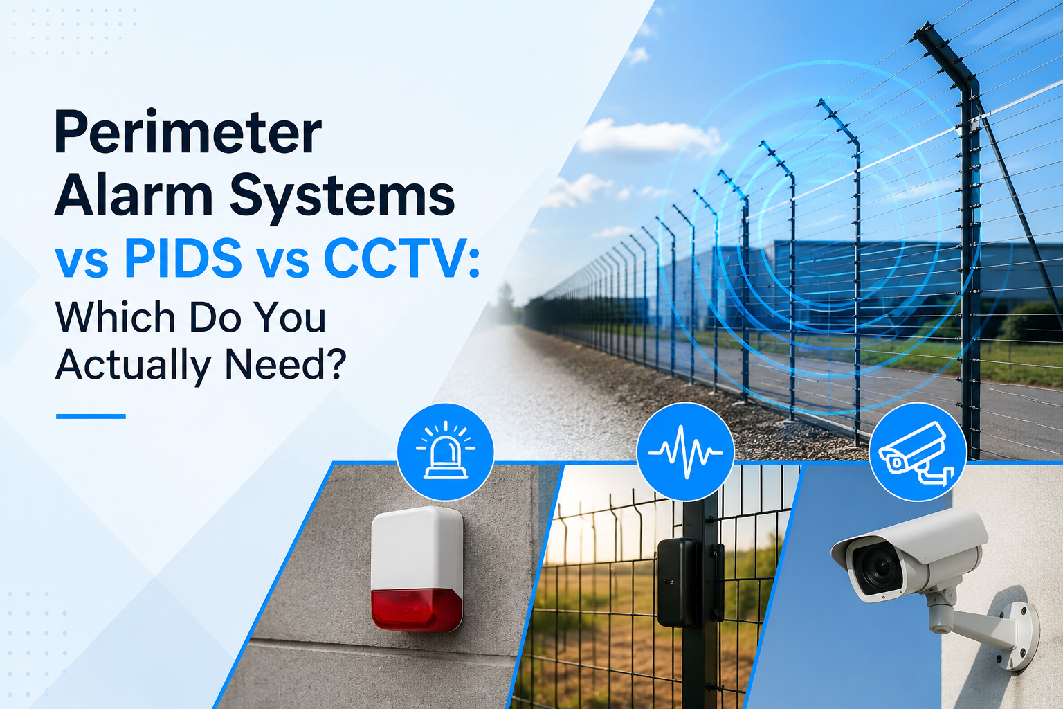 Perimeter alarm systems vs PIDS vs CCTV comparison showing fence intrusion detection, alarm system, and CCTV camera for high-security sites.