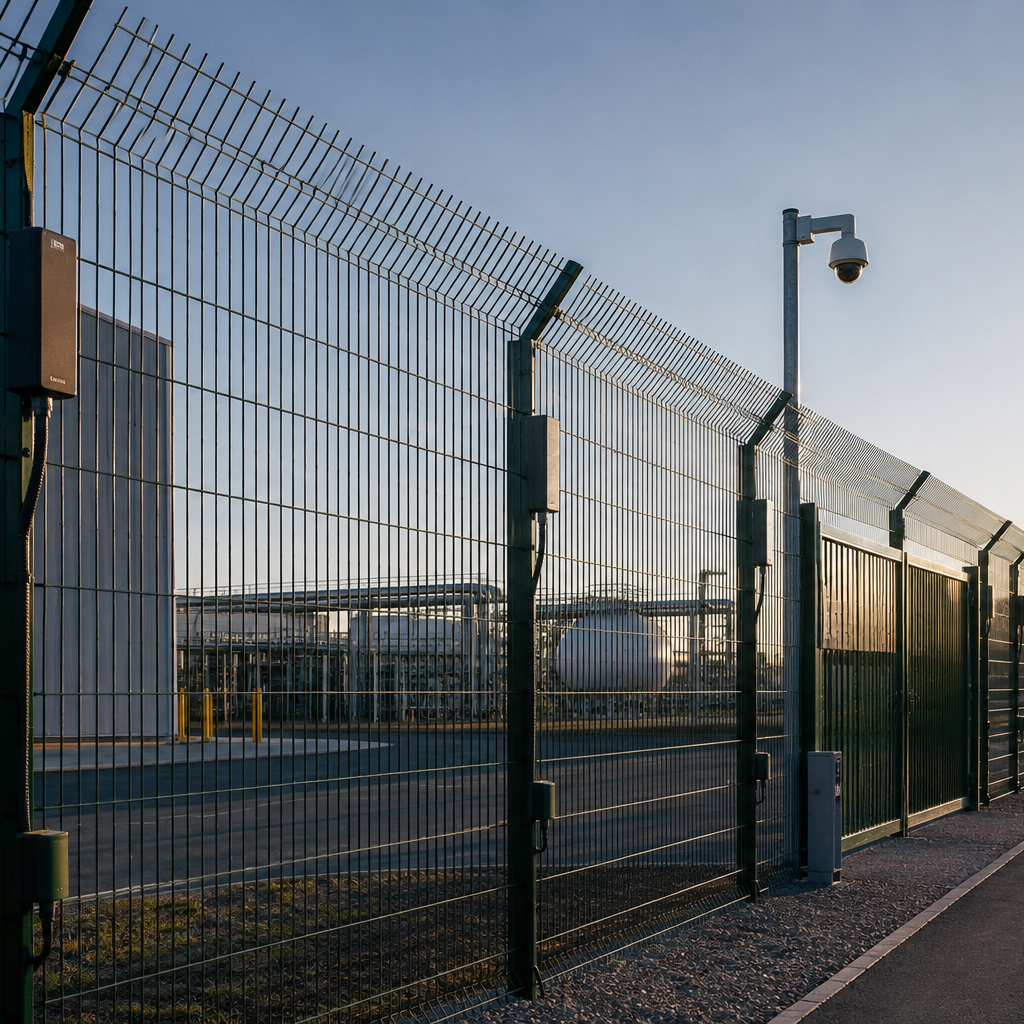 Industrial security fence fitted with perimeter intrusion detection sensors for fence protection