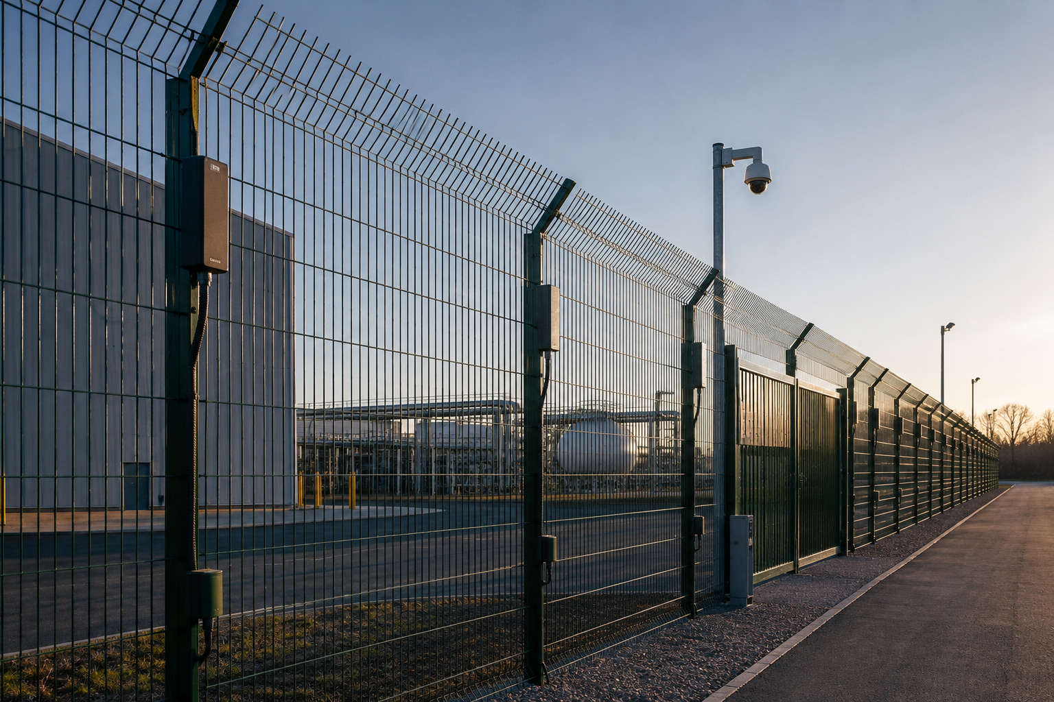 Industrial security fence fitted with perimeter intrusion detection sensors for fence protection