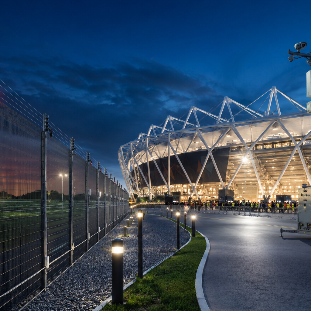 Perimeter intrusion detection sensors fitted to anti-climb security fencing around a stadium at night