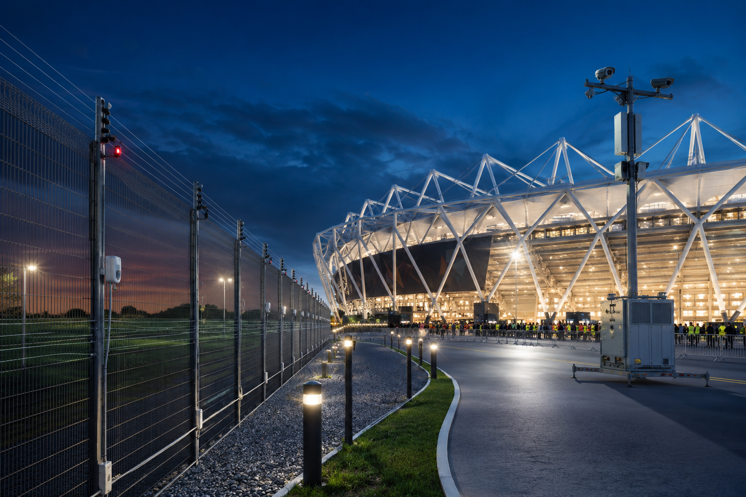 Perimeter intrusion detection sensors fitted to anti-climb security fencing around a stadium at night