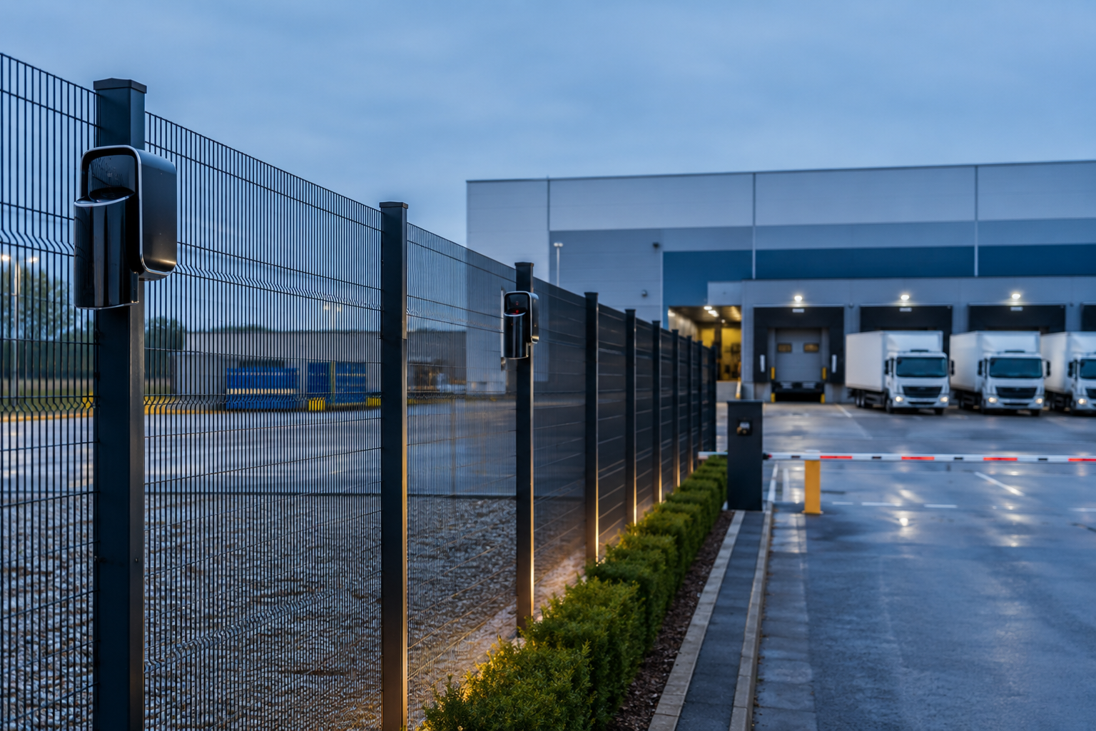 Perimeter intrusion detection system protecting a UK distribution centre yard and trailer park with security fencing and sensors