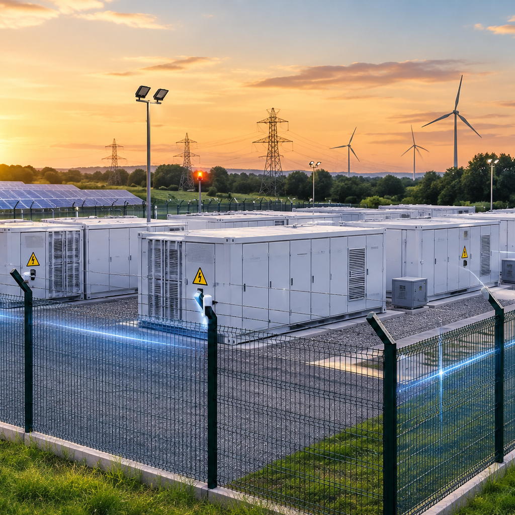 Perimeter intrusion detection system protecting a battery energy storage (BESS) site with security fencing and sensors in the UK
