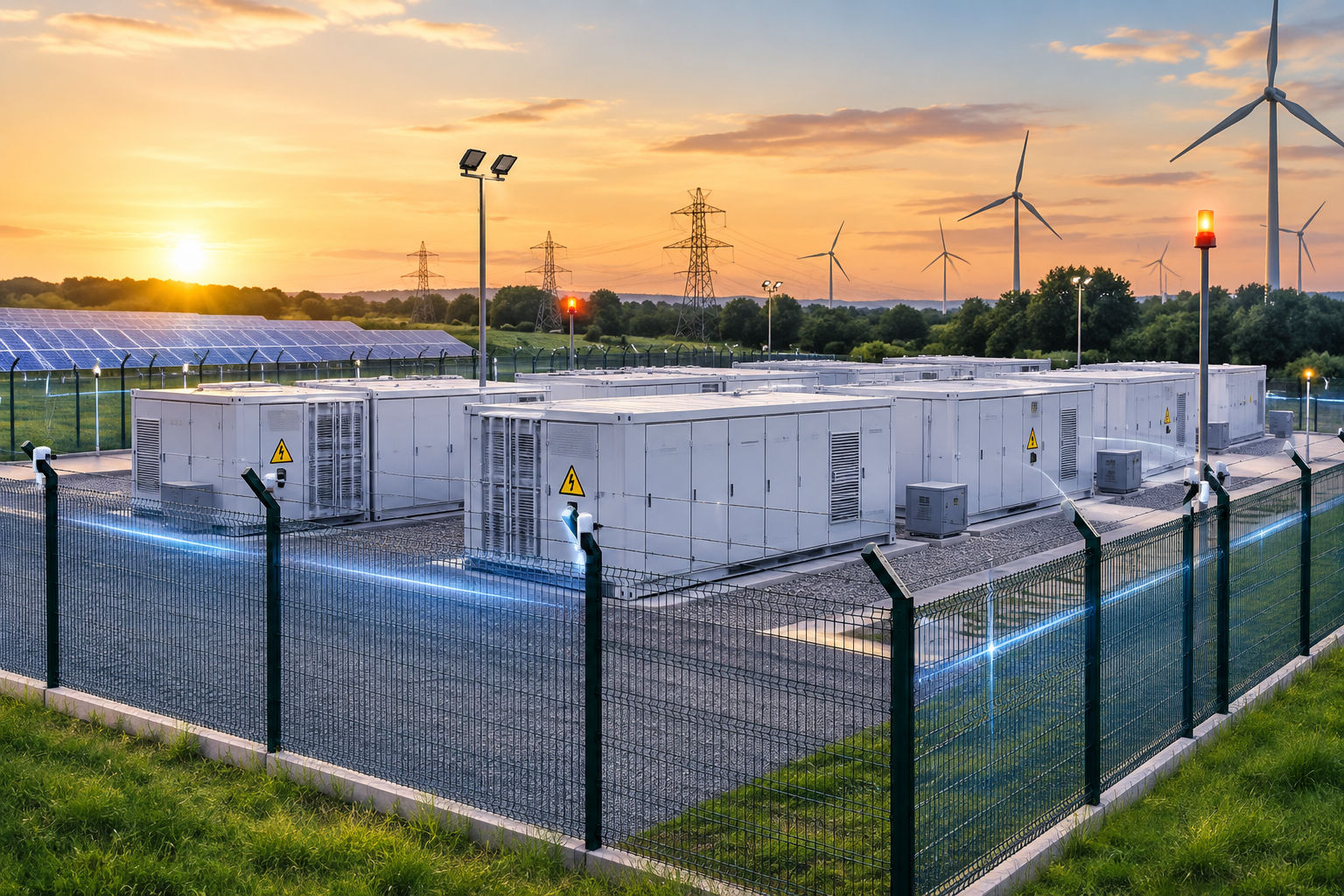 Perimeter intrusion detection system protecting a battery energy storage (BESS) site with security fencing and sensors in the UK