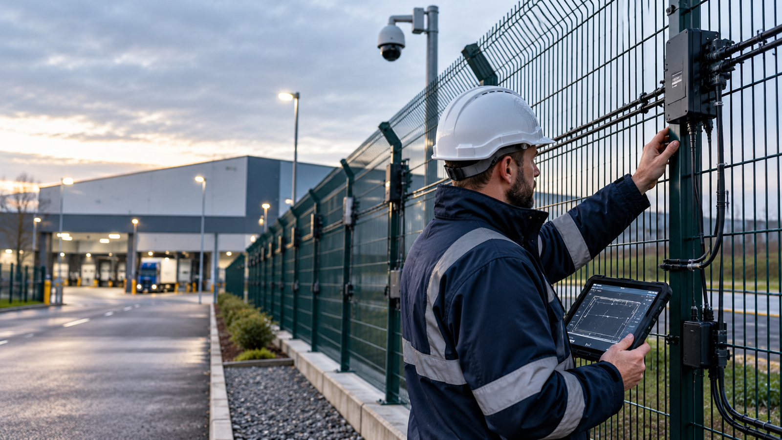 Security engineer inspecting an existing fence-mounted perimeter intrusion detection system at an industrial site