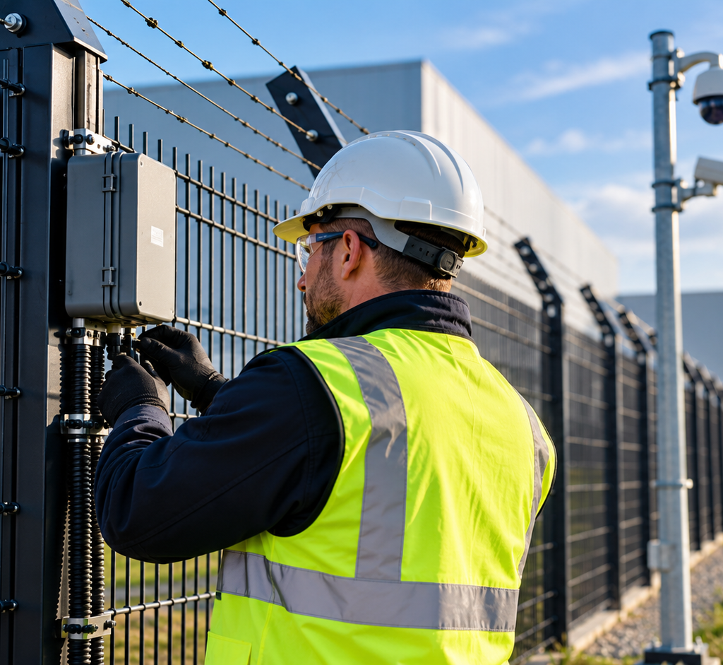 Technician Inspecting Perimeter Security Maintenance