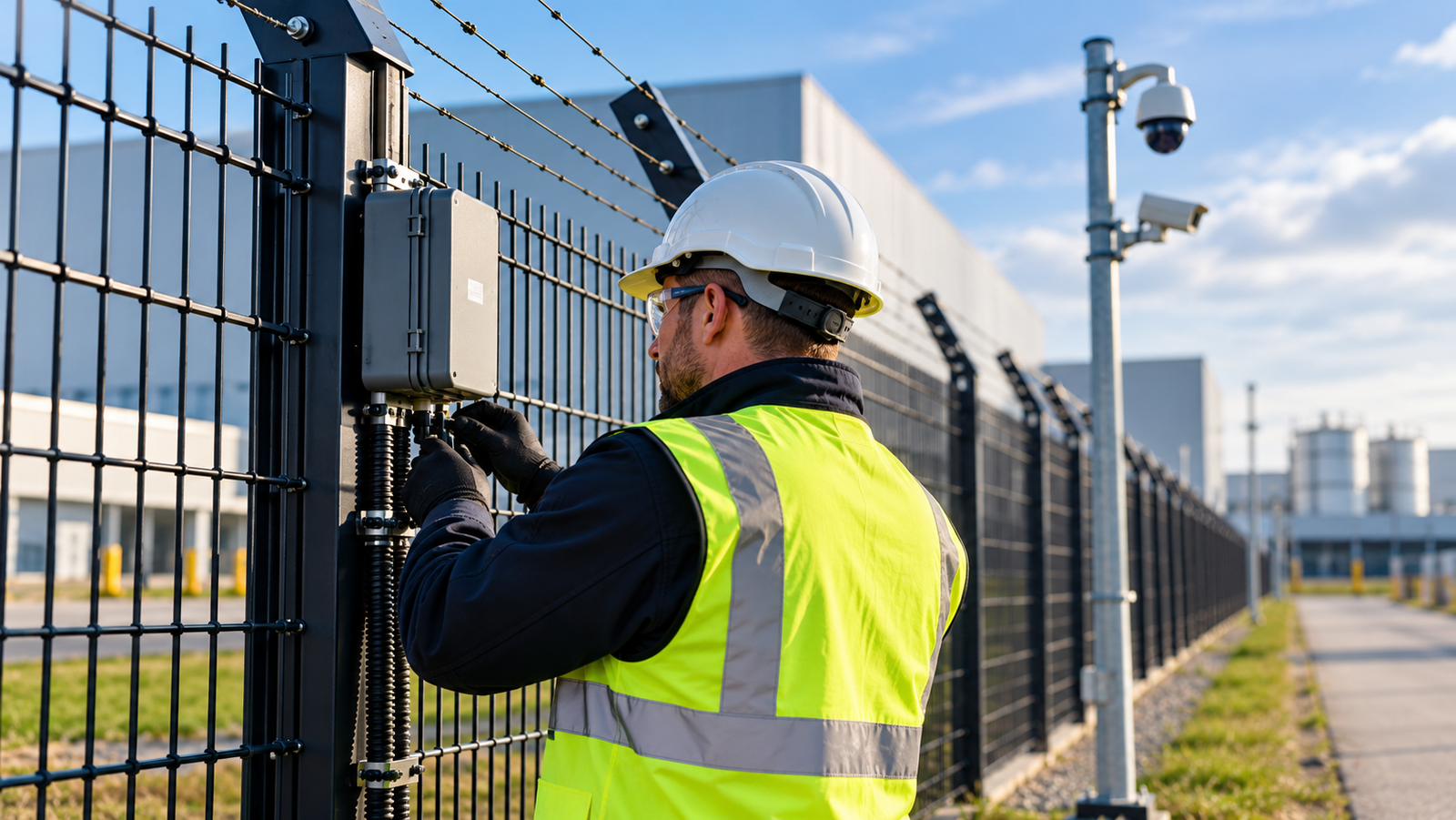 Technician Inspecting Perimeter Security Maintenance